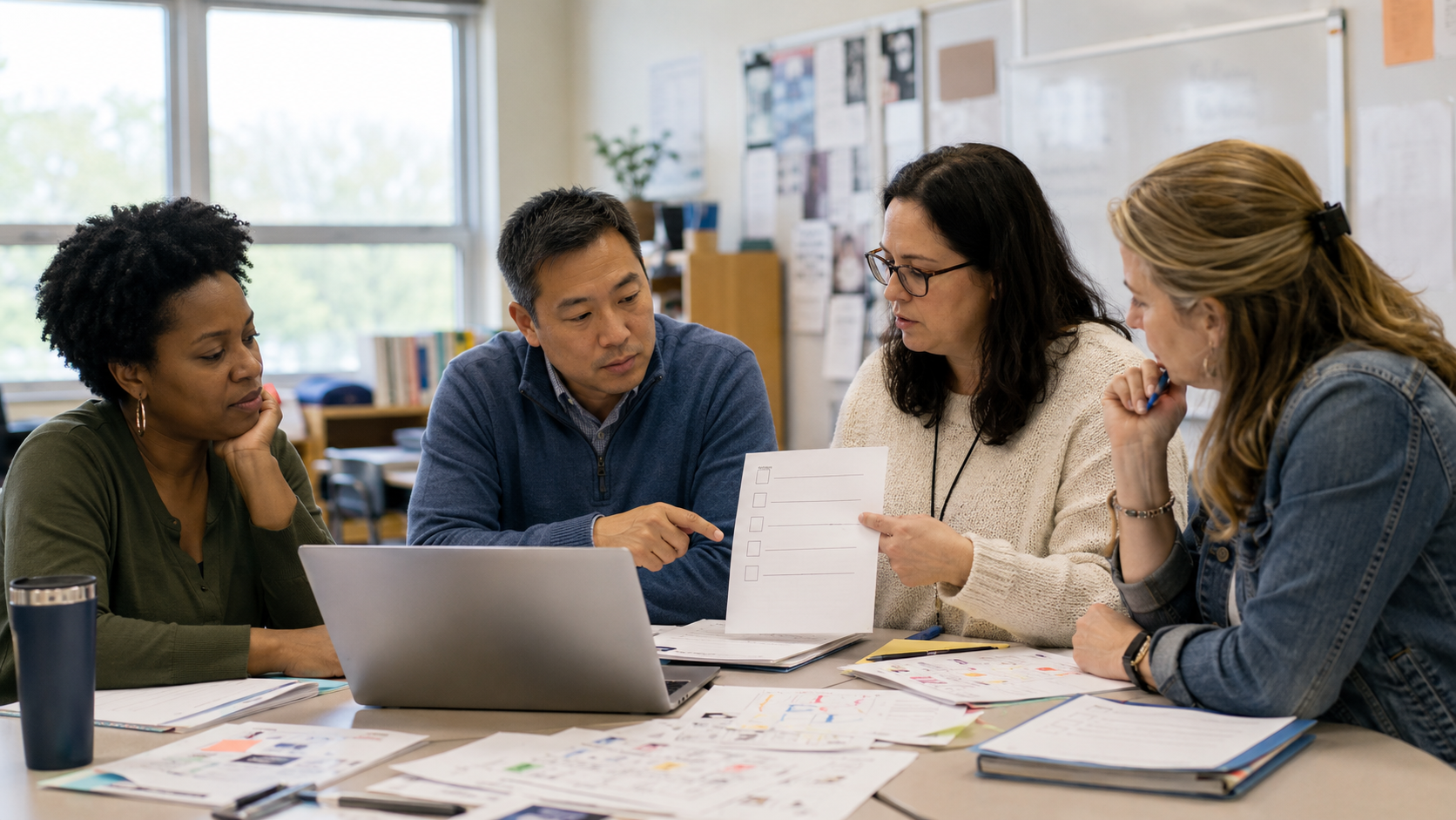 Four K–12 educators review a five-item checklist and laptop while evaluating an AI learning tool.